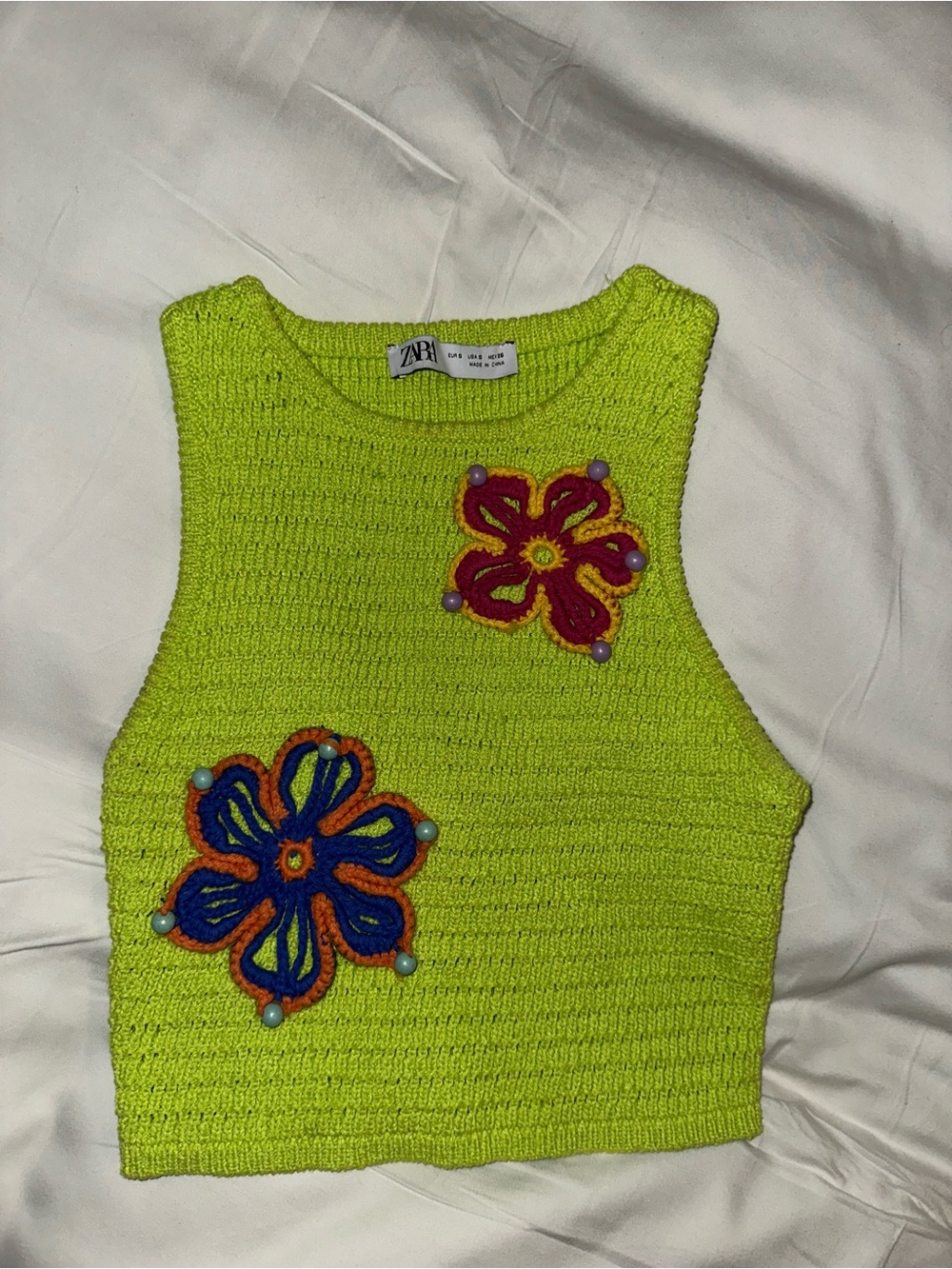 Zara Neon Green Crocheted Crop Tank with Colorful Floral Appliqués